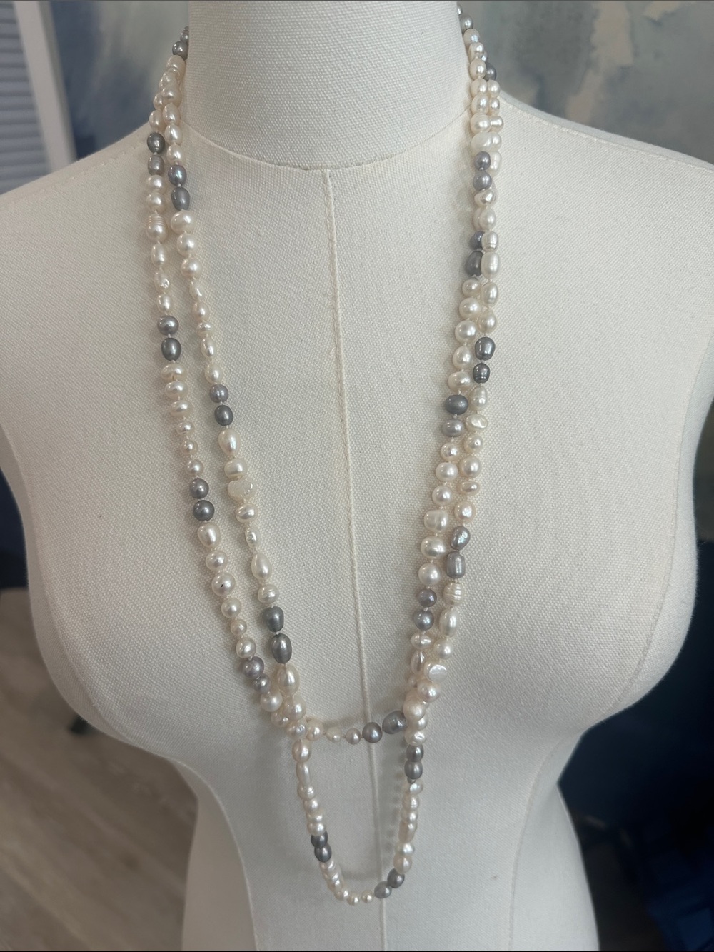 64 inch Classic White & Gray Freshwater Pearl Extra Long Necklace